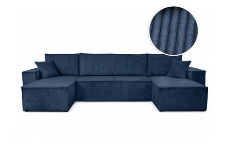 Canapé D'angle Farah Panoramique Convertible 6 Places En Velours Côtelé - Bleu Foncé