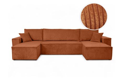 Canapé D'angle Farah Panoramique Convertible 6 Places En Velours Côtelé - Terracotta