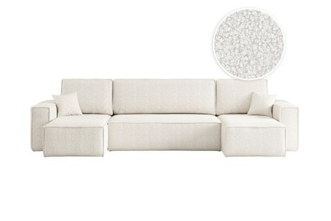 Canapé D'angle Farah Panoramique Convertible 6 Places En Tissu Bouclette - Blanc