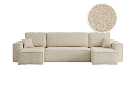 Canapé D'angle Farah Panoramique Convertible 6 Places En Tissu Bouclette - Beige