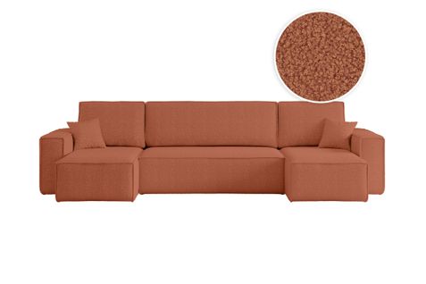 Canapé D'angle Farah Panoramique Convertible 6 Places En Tissu Bouclette - Terracotta
