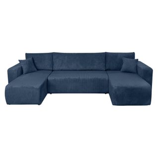 Canapé D'angle Alya Panoramique Convertible 6 Places En Velours Cotelé - Bleu
