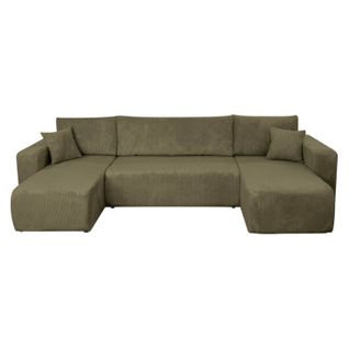 Canapé D'angle Alya Panoramique Convertible 6 Places En Velours Cotelé - Vert