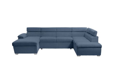 Canapé Panoramique Paola 6 Places Convertible Avec 2 Coffres En Velours Côtelé Bleu