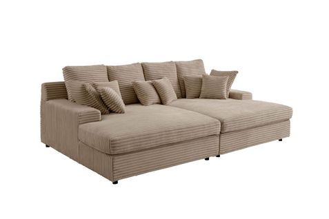 Canapé Droit 4 Places Fluffy Double Méridienne Et Assise Profonde En Velours Côtelé - Taupe