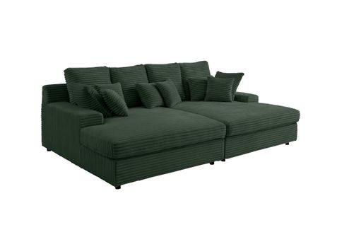 Canapé Droit 4 Places Fluffy Double Méridienne Et Assise Profonde En Velours Côtelé - Vert Foncé