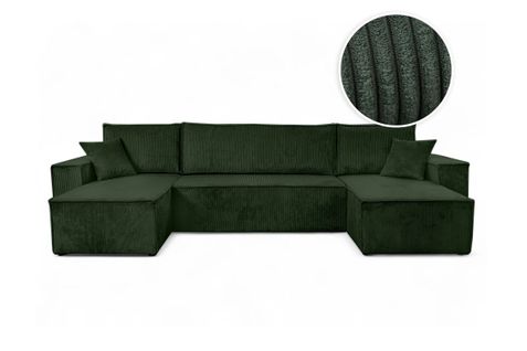 Canapé D'angle Farah Panoramique Convertible 6 Places En Velours Cotelé - Vert Foncé