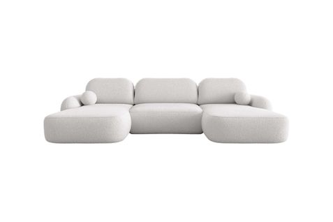 Canapé Panoramique Convertible 6 Places Milly Avec Coffre En Tissu Bouclette - Blanc