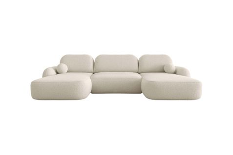 Canapé Panoramique Convertible 6 Places Milly Avec Coffre En Tissu Bouclette - Beige