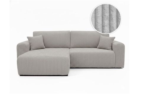 Canapé D'angle Compact Réversible Et Convertible Alya 4 Places En Velours Cotelé Épais - Gris Clair