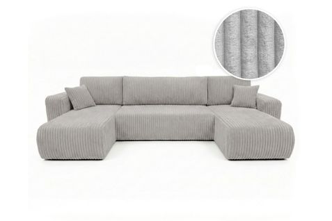 Canapé Panoramique Convertible 6p Alya Velours Cotelé Épais Gris Clair
