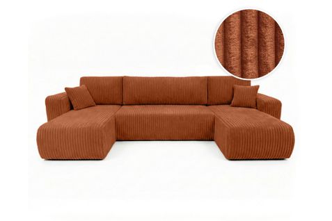 Canapé Panoramique Convertible 6p Alya Velours Cotelé Épais Terracotta