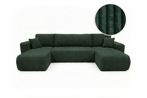 Canapé Panoramique Convertible 6p Alya Velours Cotelé Épais Vert Foncé