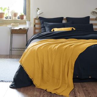Plaid Gaze De Coton à Franges Jaune Safran 180x220 Cm