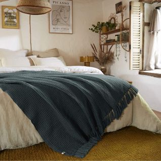 Plaid à Franges Uni Matière Recyclée Ardoise 130x160