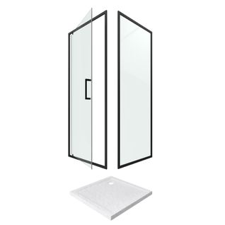 Porte De Douche Pivotante - Retour Profilés Noir + Receveur à Poser - 90x90x204cm - Crush Pivotante