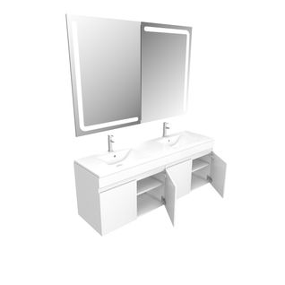 Ensemble Meuble De Salle De Bain Blanc 120 cm Suspendu A Portes + Vasque Ceramique Blanche + Miroir