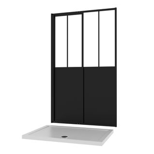 Pack Porte Coulissante Noire Mate Type 'atelier' Et Receveur En Acrylique Blanc - 140x90x200 Cm