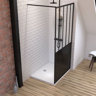 Pack Paroi De Douche 100x200 Cm Noir Mat - Verre Trempe 5 Mm + Receveur à Poser Rectangle