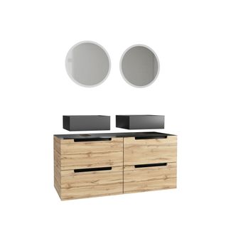 Meuble Salle De Bains 120cm Chene Et Noir, Vasques Carrees Et Miroirs LED Diam 50cm - Omega