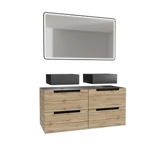 Meuble Salle De Bains 120cm Chêne Et Noir, Vasques Carrées Et Miroir Black LED 120x70 - Omega