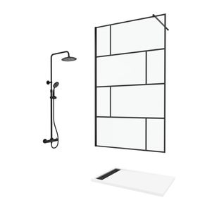 Paroi De Douche 120 Cm Sérigraphie Noire Et Receveur Blanc 80x120 + Colonne De Douche Thermostatique