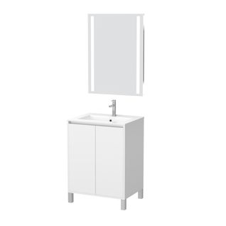 Pack Meuble Salle De Bains 60cm Blanc 2 Portes, Vasque, Miroir 60x80 à LEDs Intégrées - Xenos