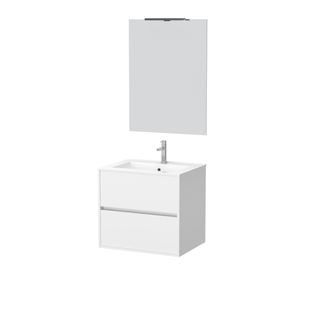 Pack Meuble Salle De Bains 60cm Blanc 2 Tiroirs, Vasque, Miroir 60x80 Et Réglette LED - Xenos