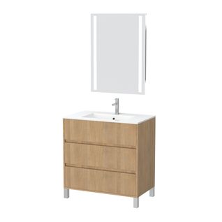 Pack Meuble Salle De Bains 80cm Chêne Clair 3 Tiroirs, Vasque, Miroir 60x80 à LEDs Intégrées - Xenos