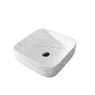 Vasque à Poser Carrée En Céramique Blanche Mat Effet Marbre - 38x38x13 Cm - White Marble