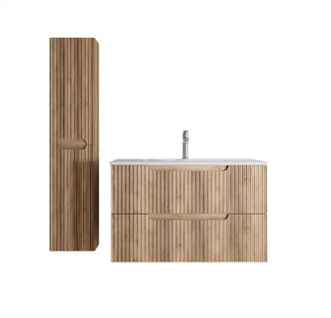 Meuble Et Colonne De Salle De Bains Leon 80cm Décor Bois - Façades Ondulées - Vasque Blanche Mate