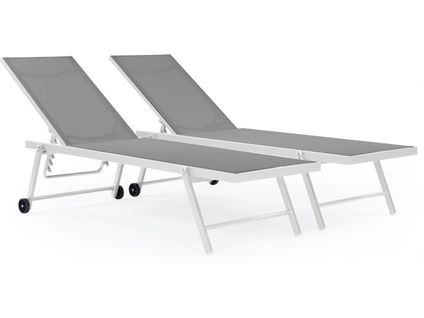 Lot De 2 Bains De Soleil Textilène Aluminium "jolia" - Gris / Blanc
