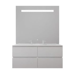Meuble Double Vasque 120 Cm Rosaly Inox + Miroir Elégance Ht105- Blanc- Plan Vasque En Résine
