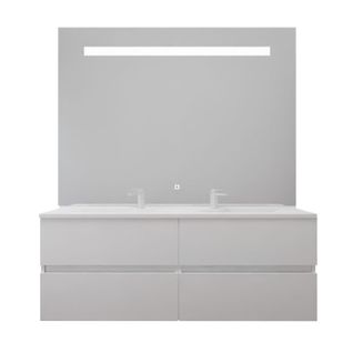 Meuble Double Vasque 140 Cm Rosaly Inox + Miroir Elégance Ht105- Blanc- Plan Vasque En