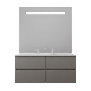 Meuble Double Vasque 120 Cm Rosaly Inox + Miroir Elégance Ht105- Gris- Plan Vasque En Résine
