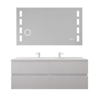 Meuble Double Vasque 140 Cm Rosaly Inox + Miroir LED Excellence- Blanc- Plan Vasque En