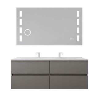 Meuble Double Vasque 140 Cm Rosaly Inox + Miroir LED Excell Plus- Gris- Plan Vasque En