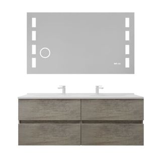 Meuble Double Vasque 140 Cm Rosaly Inox + Miroir LED Excellence- Bois- Plan Vasque En
