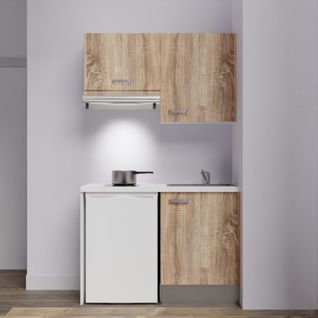 Kitchenette K01l-pt - 120 Cm Avec Plan De Travail Et Évier - Façade Bois - Plan Blanc - Evier Gris
