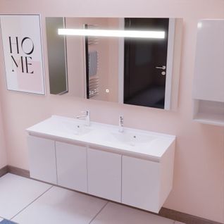 Meuble Proline 140 Cm Avec Plan Double Vasque Et Miroir Elégance Ht80- Blanc  - Vasque En Résine