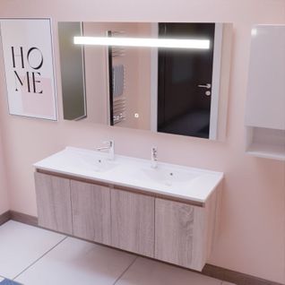Meuble Proline 140 Cm Avec Plan Double Vasque Et Miroir Elégance Ht80- Bois  - Vasque En Résine