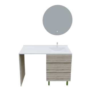 Meuble Lave-linge Kora Avec Plan Vasque Déportée + Miroir Rond Fazzio- Bois- Vasque à Droite