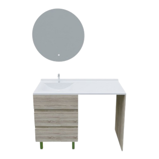 Meuble Lave-linge Kora Avec Plan Vasque Déportée + Miroir Rond Fazzio- Bois- Vasque à Gauche