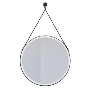 Miroir Lumineux Rond Antibuée Avec Lanière Cuir Et Cadre Noir Ring 60 Cm