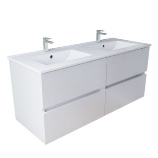Meuble Double Vasque 120 Cm Rosaly Inox- Blanc- Plan Vasque En Céramique