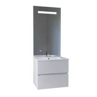 Meuble Vasque Rosaly Inox 60 Cm + Miroir Elégance Ht105- Blanc- Plan Vasque En Céramique
