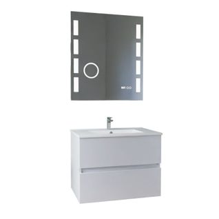 Meuble Vasque Rosaly Inox 70 Cm + Miroir Excellence- Blanc- Plan Vasque En Céramique