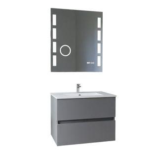 Meuble Vasque Rosaly Inox 70 Cm + Miroir Excellence- Gris- Plan Vasque En Céramique
