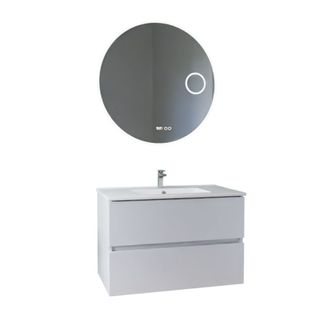 Meuble Vasque Rosaly Inox 80 Cm + Miroir Rondinara- Blanc- Plan Vasque En Céramique