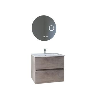 Meuble Vasque Rosaly Inox 60 Cm + Miroir Rondinara- Bois- Plan Vasque En Céramique